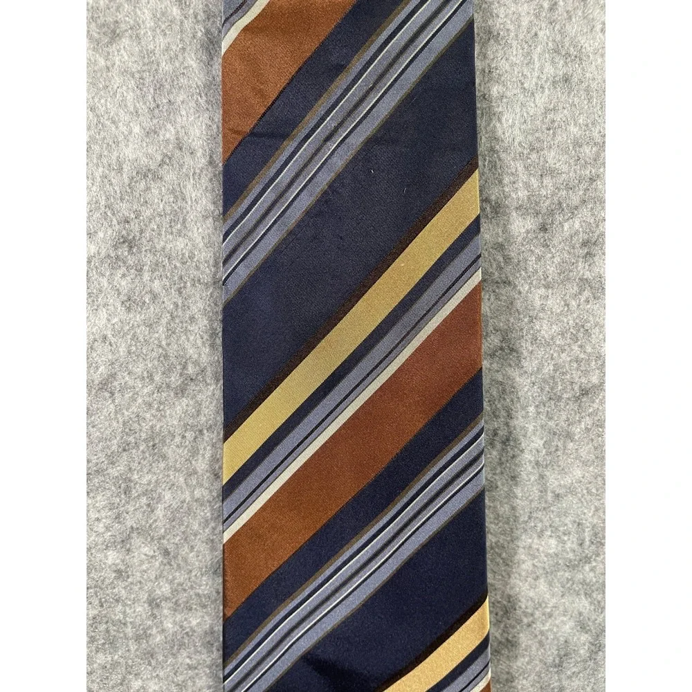 Geoffrey Beene Mens Silk Necktie Navy Blue Copper Brown Gold Striped Formal Tie